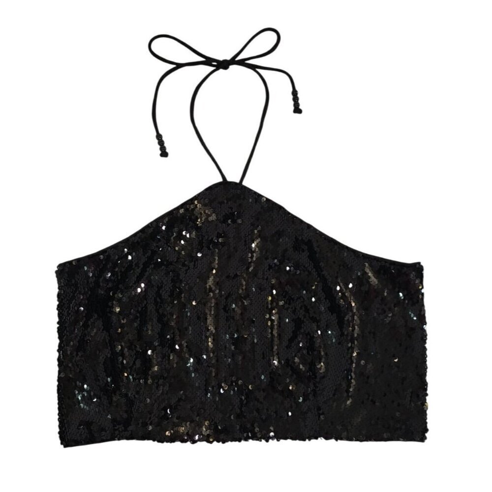 Black Sequin Halter Crop Top With Smocked Back & Adjustable Tie Closure.